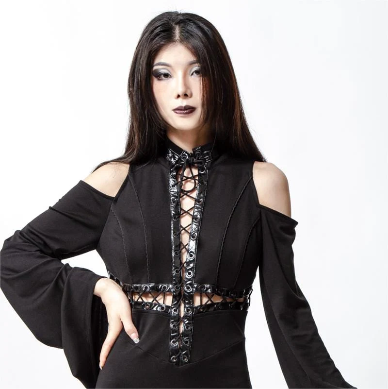 Damen-Gothic-Maxikleid mit Schnürung und Trompetenärmeln