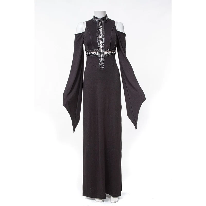 Damen-Gothic-Maxikleid mit Schnürung und Trompetenärmeln