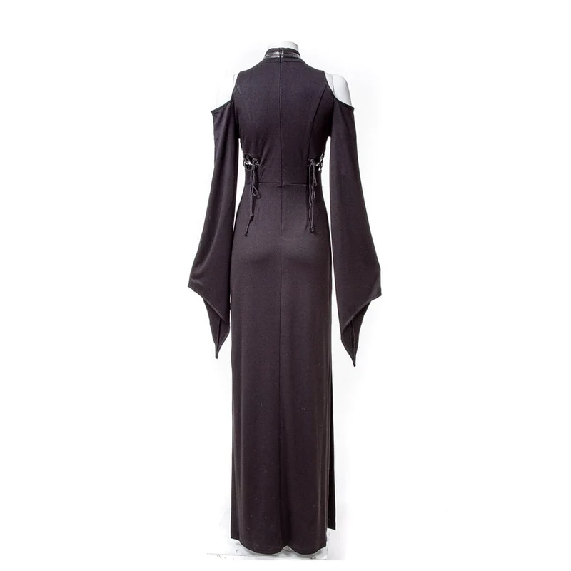 Damen-Gothic-Maxikleid mit Schnürung und Trompetenärmeln