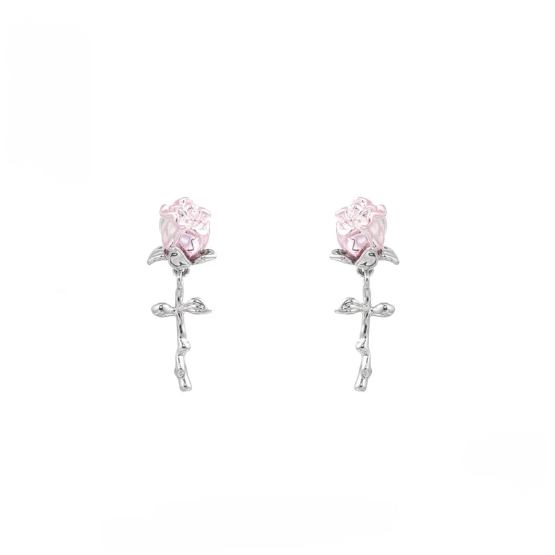 Damen-Ohrringe mit rosafarbenen Grunge-Rosen