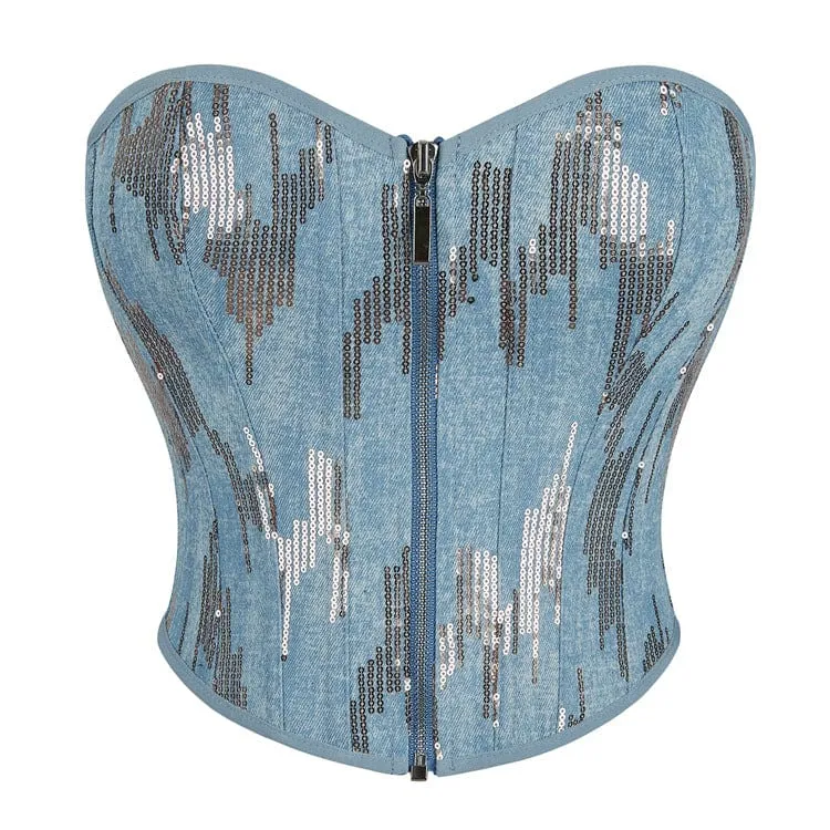 Damen-Overbust-Korsett aus Denim mit Grunge-Pailletten und Reißverschluss