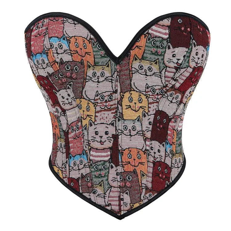 Damen-Vollbrustkorsett mit bunter Katzenstickerei im Grunge-Stil