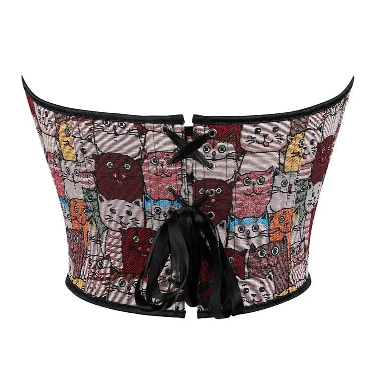 Damen-Vollbrustkorsett mit bunter Katzenstickerei im Grunge-Stil
