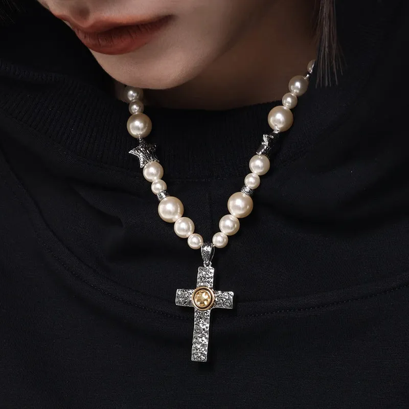 Damen-Punk-Kreuz-Perlen-Halskette