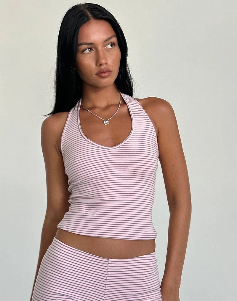 Jules Neckholder-Top in Rosa und Grau aus gestreiftem Jersey
