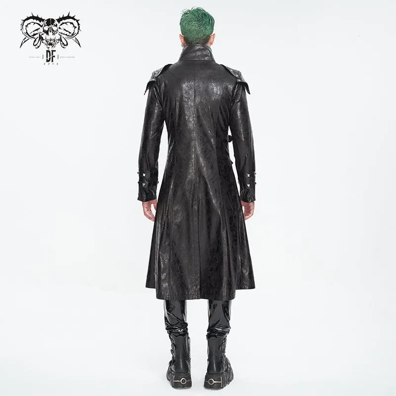 Herren-Punk-Mantel aus Kunstleder mit Stehkragen und mehreren Schnallen in Schwarz