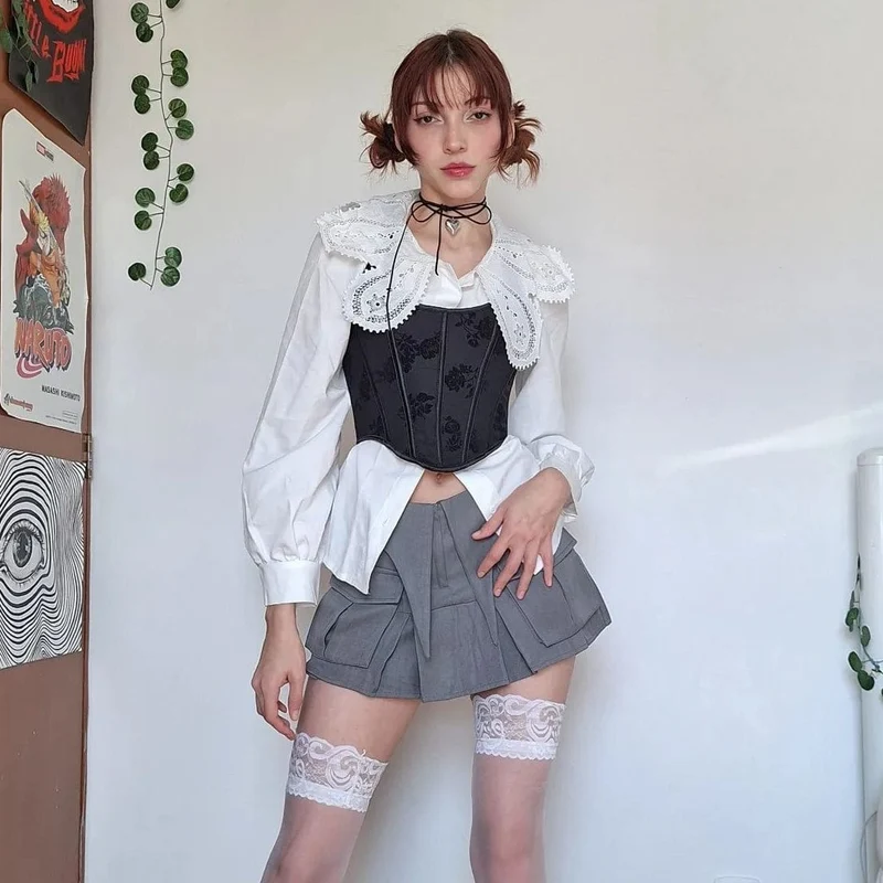Gothic-Blumendruck-Neckholder-Vollbrustkorsett für Damen
