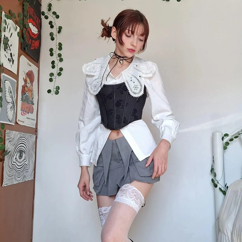 Gothic-Blumendruck-Neckholder-Vollbrustkorsett für Damen