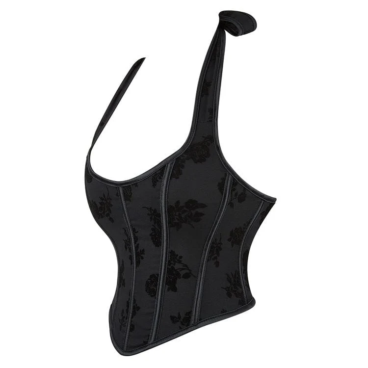 Gothic-Blumendruck-Neckholder-Vollbrustkorsett für Damen