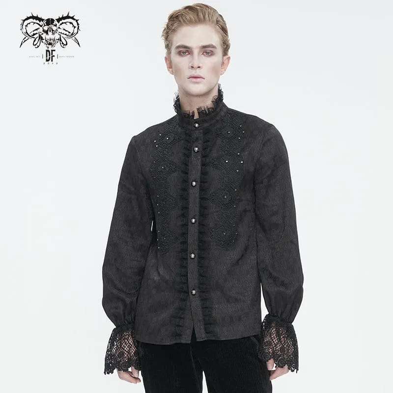 Herren-Gothic-Hemd mit Stehkragen, Puffärmeln und Spitzenspleißen
