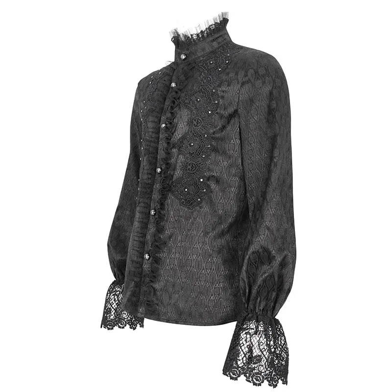 Herren-Gothic-Hemd mit Stehkragen, Puffärmeln und Spitzenspleißen