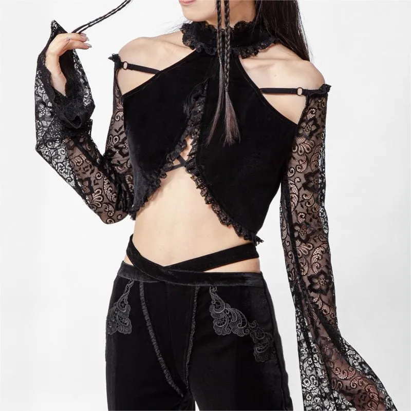 Damen Gothic Neckholder-Spitzen-Crop-Top mit langen Ärmeln