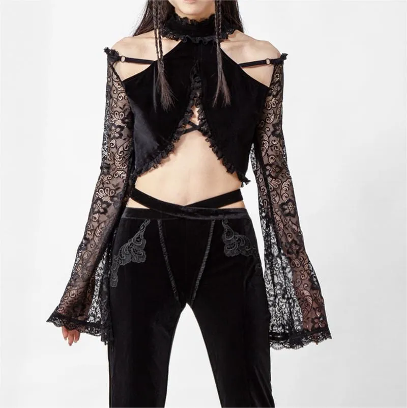 Damen Gothic Neckholder-Spitzen-Crop-Top mit langen Ärmeln