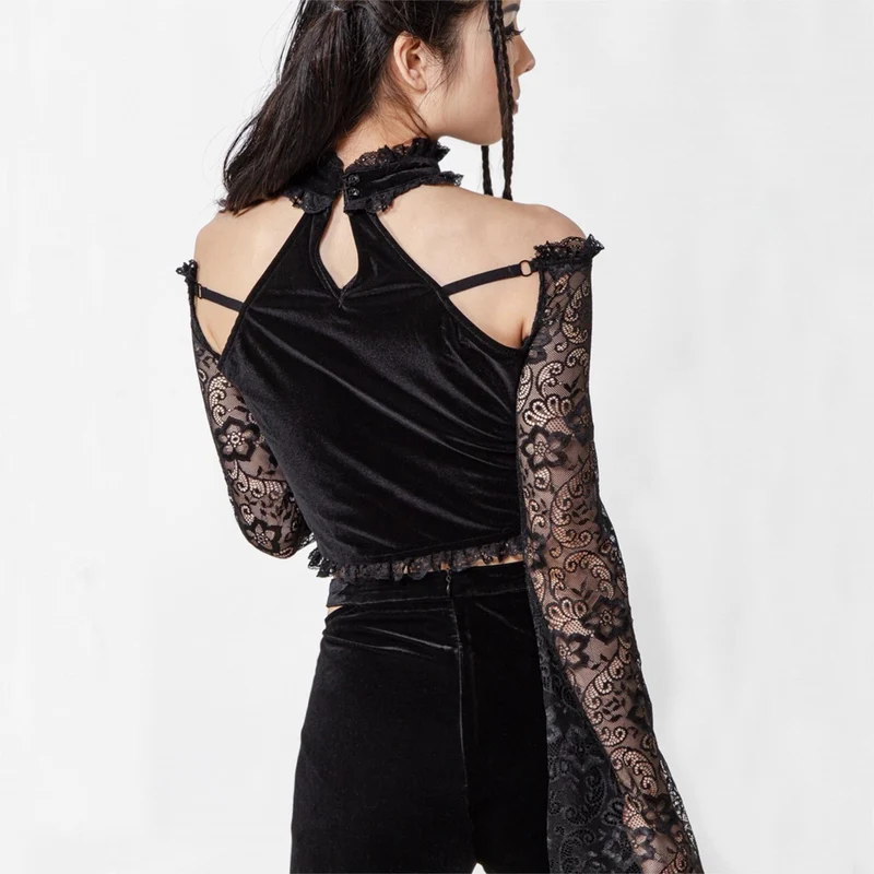 Damen Gothic Neckholder-Spitzen-Crop-Top mit langen Ärmeln