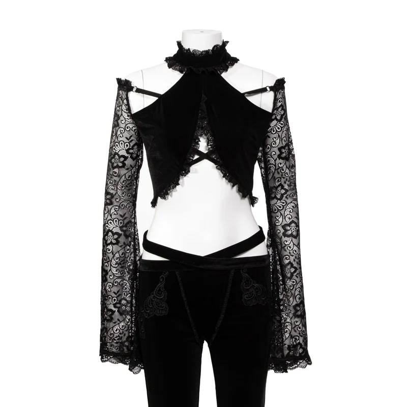 Damen Gothic Neckholder-Spitzen-Crop-Top mit langen Ärmeln