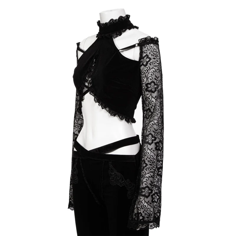 Damen Gothic Neckholder-Spitzen-Crop-Top mit langen Ärmeln