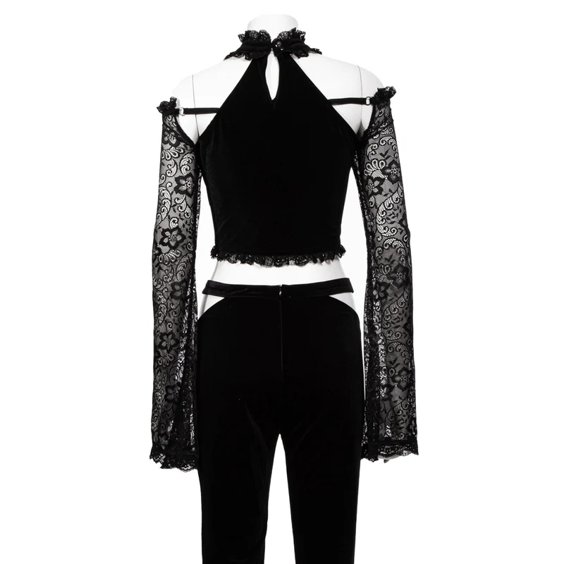 Damen Gothic Neckholder-Spitzen-Crop-Top mit langen Ärmeln