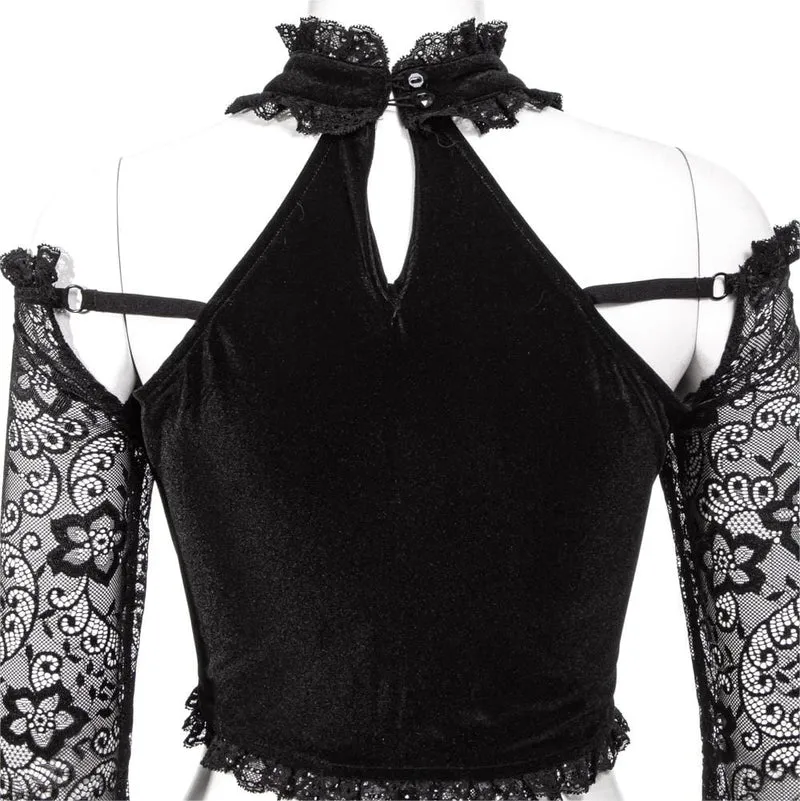 Damen Gothic Neckholder-Spitzen-Crop-Top mit langen Ärmeln