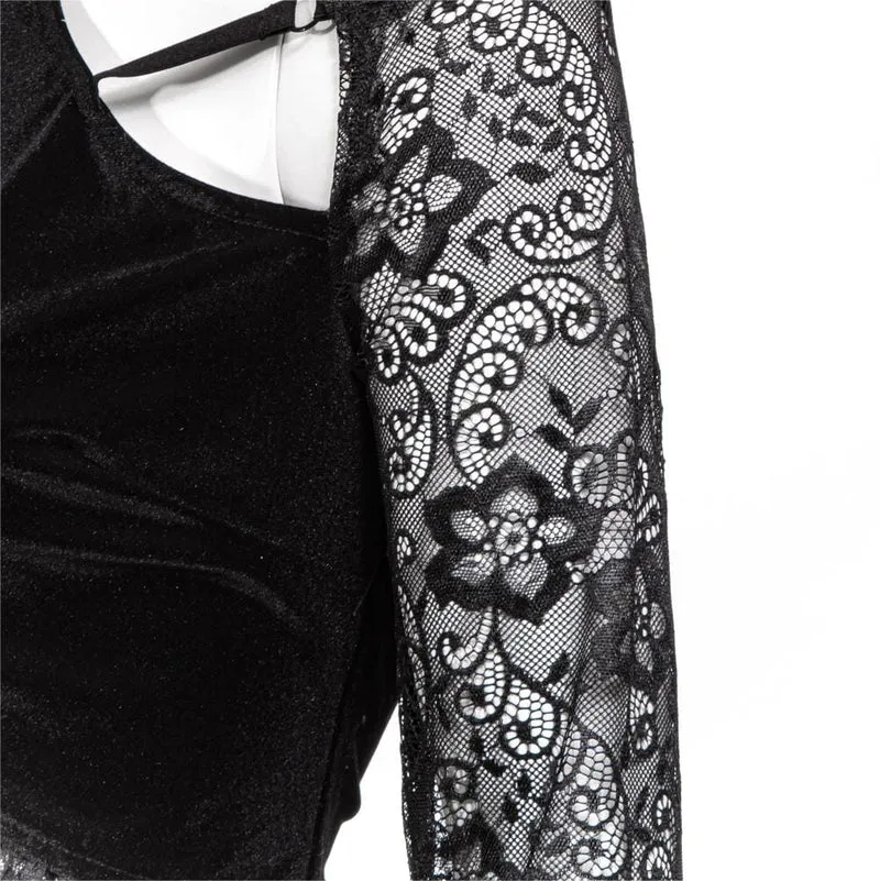 Damen Gothic Neckholder-Spitzen-Crop-Top mit langen Ärmeln