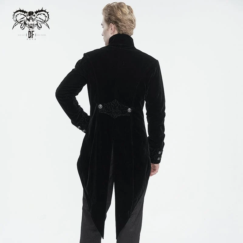Herren Gothic-Mantel mit Stehkragen und Spitzenspleiß, Schwalbenschwanz, Schwarz
