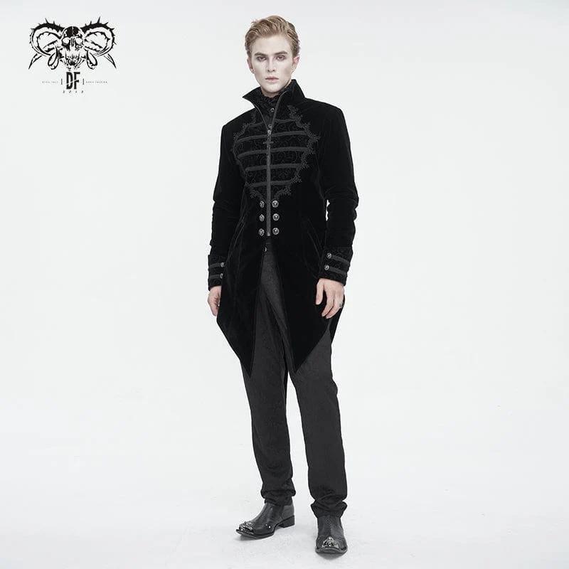 Herren Gothic-Mantel mit Stehkragen und Spitzenspleiß, Schwalbenschwanz, Schwarz