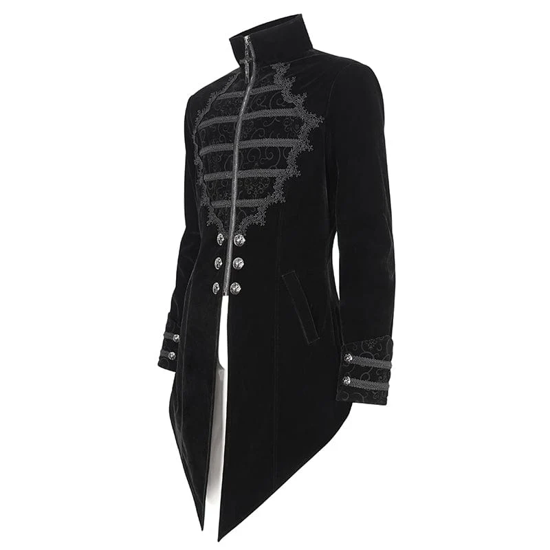 Herren Gothic-Mantel mit Stehkragen und Spitzenspleiß, Schwalbenschwanz, Schwarz
