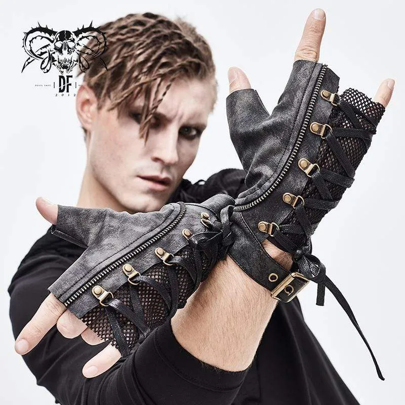 Herren Punk Schnür-Mesh Kunstleder Halbhandschuhe