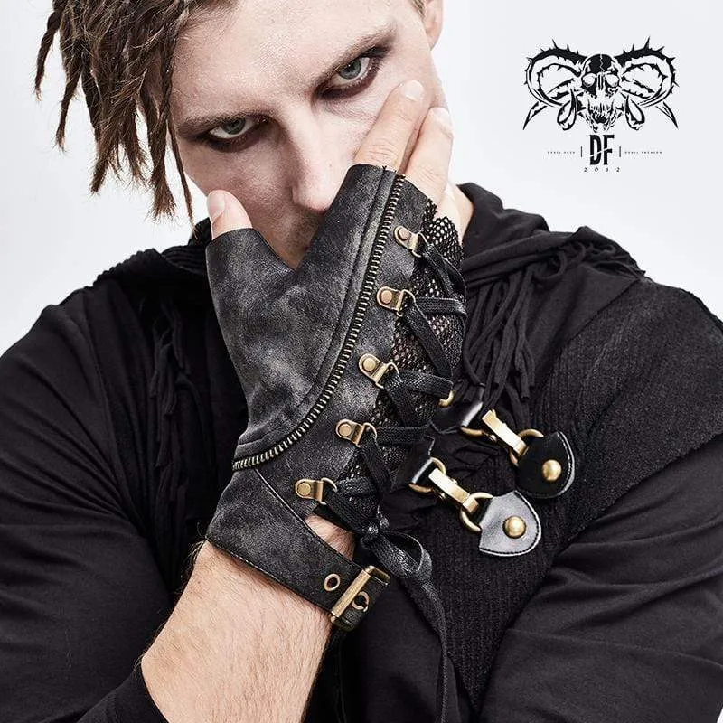 Herren Punk Schnür-Mesh Kunstleder Halbhandschuhe