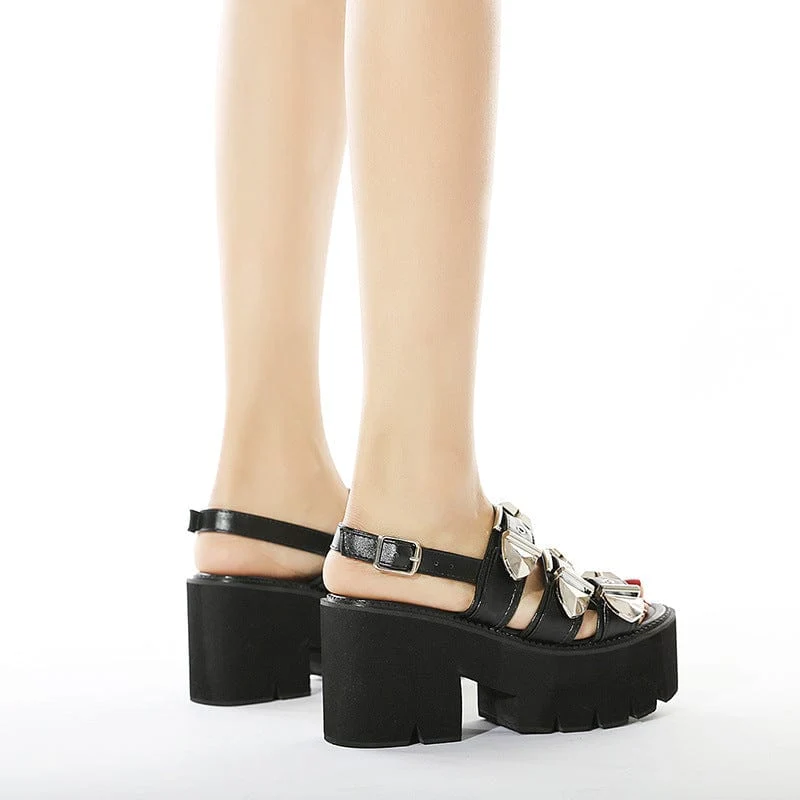 Damen-Punk-Peep-Toe-Plateausandalen mit geschichteten Schnallen