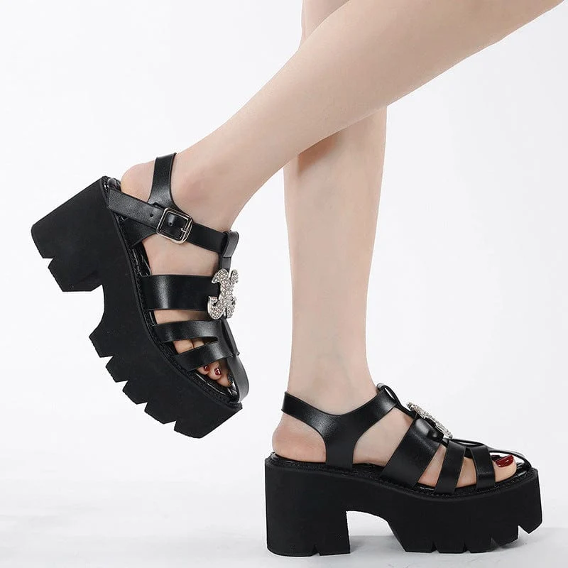 Punk-Plateausandalen mit Strass-Schnalle für Damen