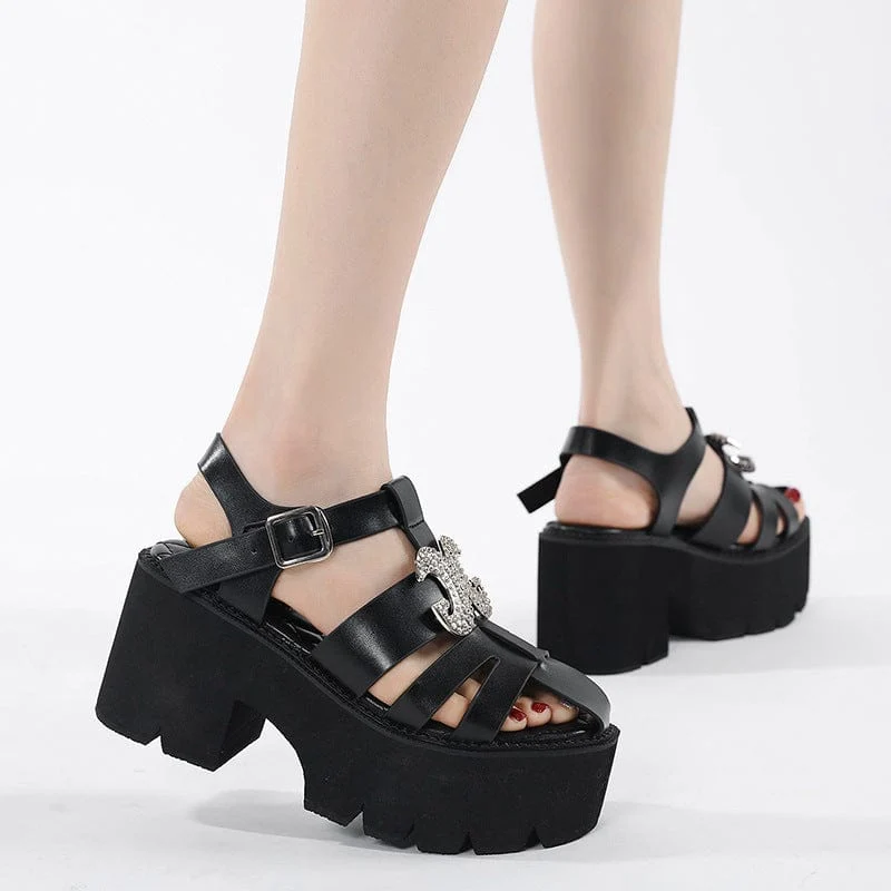 Punk-Plateausandalen mit Strass-Schnalle für Damen