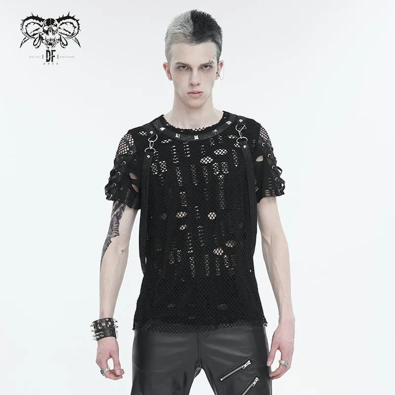 Herren Punk Ripped Strap Mesh T-Shirt