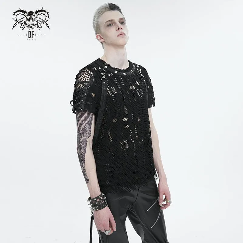 Herren Punk Ripped Strap Mesh T-Shirt
