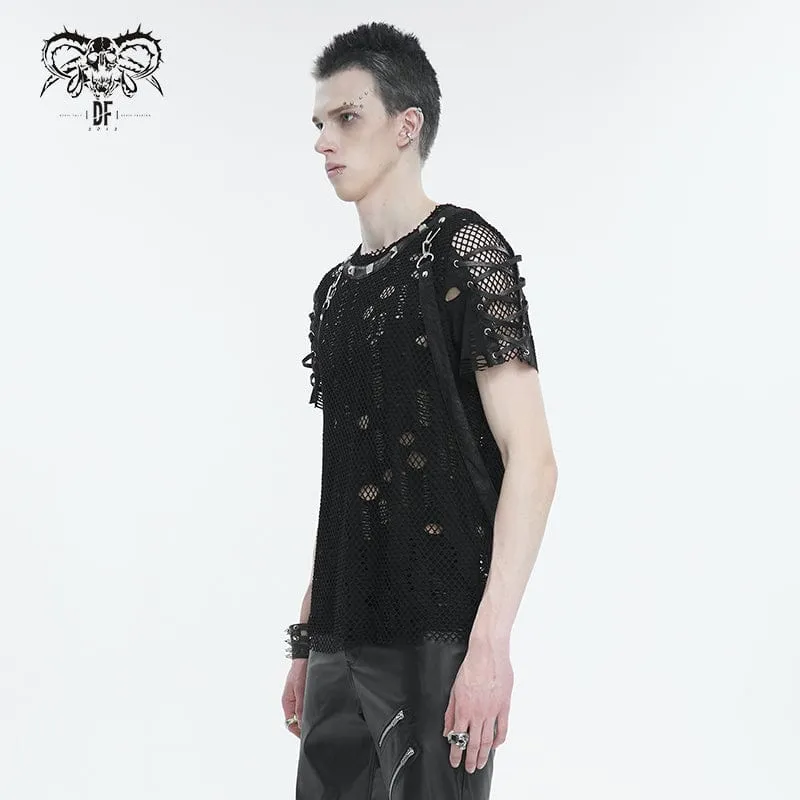 Herren Punk Ripped Strap Mesh T-Shirt