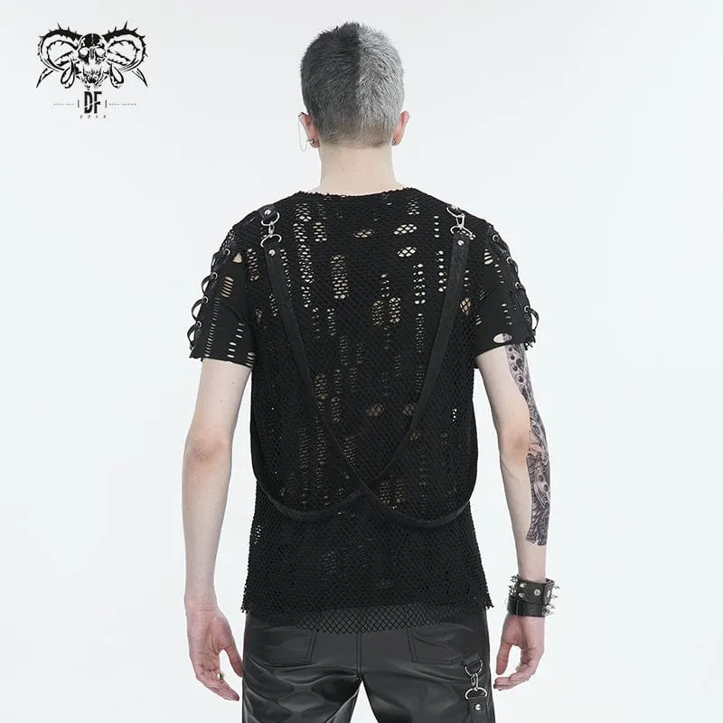 Herren Punk Ripped Strap Mesh T-Shirt
