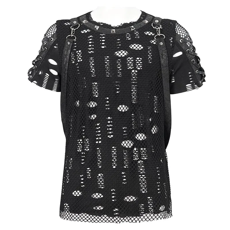 Herren Punk Ripped Strap Mesh T-Shirt