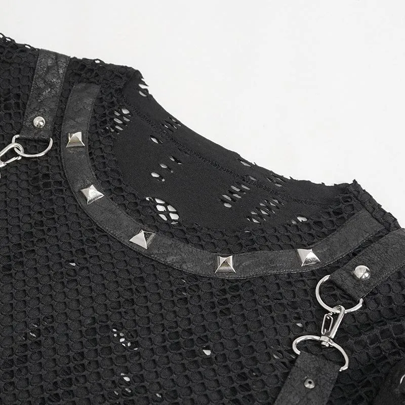 Herren Punk Ripped Strap Mesh T-Shirt