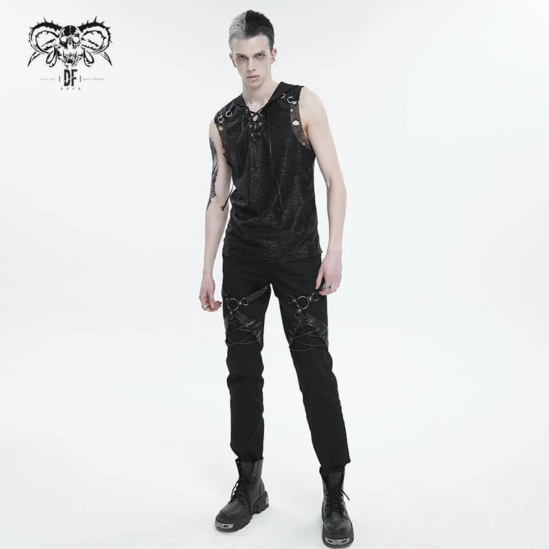 Herren Punk Strappy Mesh Splice Weste mit Kapuze