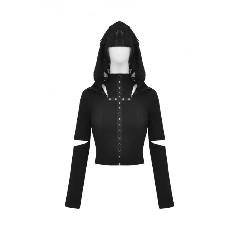Punk-Crop-Top für Damen mit Ösenausschnitt und zerrissener Kapuze