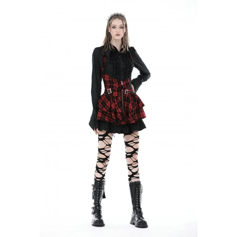 Damen-Gothic-Hemd mit Umlegekragen und Rüschen in Schwarz