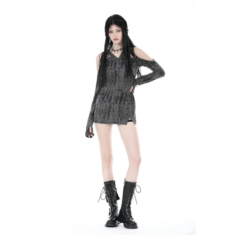Schulterfreies, zerrissenes Punk-Kleid für Damen mit Kapuze