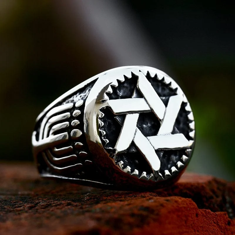 Herren-Punk-Ring mit ausgehöhltem Stern und Wellenmuster
