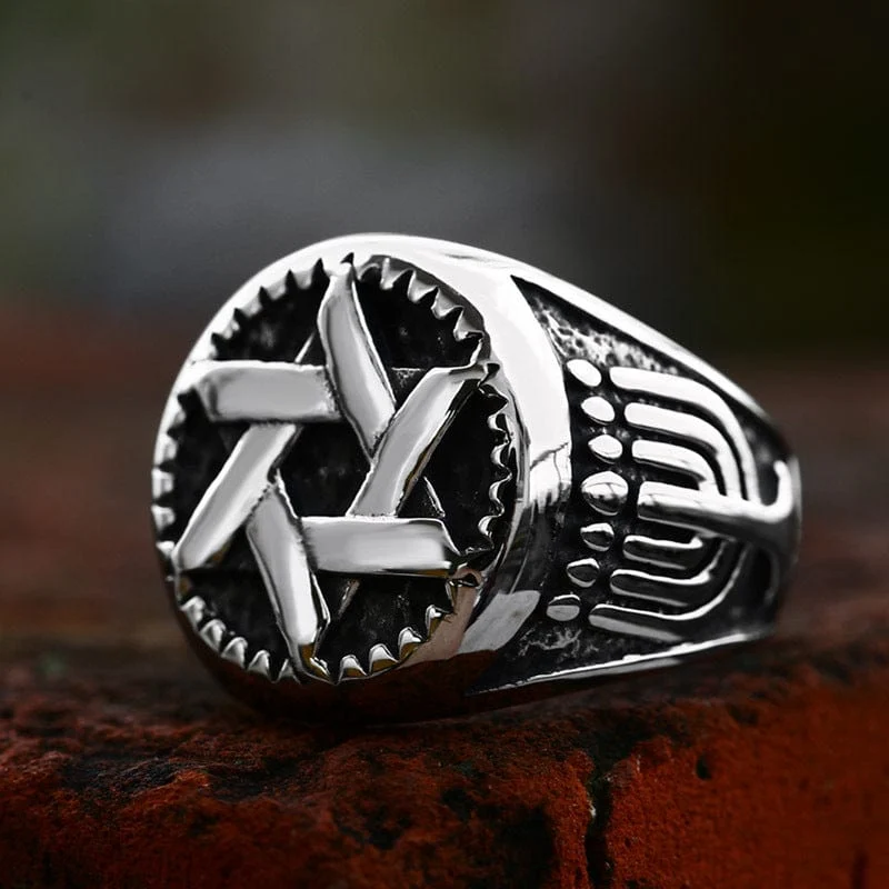 Herren-Punk-Ring mit ausgehöhltem Stern und Wellenmuster
