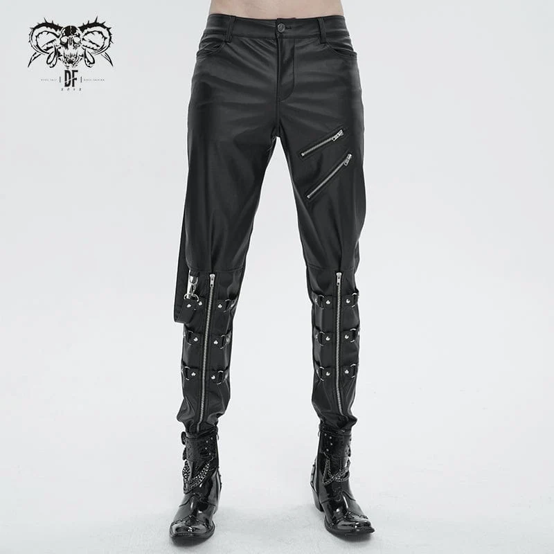 Herren Punk Zipper Kunstlederhose