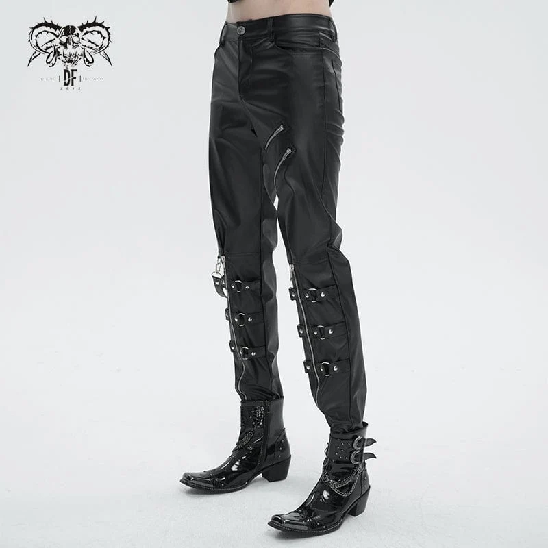 Herren Punk Zipper Kunstlederhose