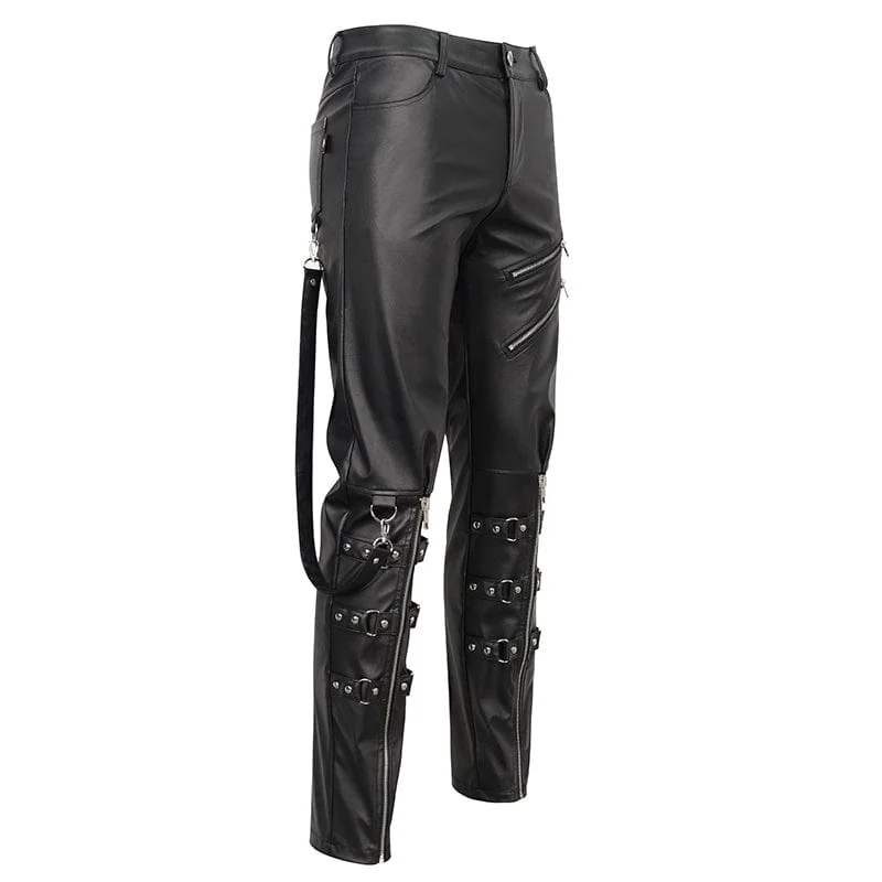 Herren Punk Zipper Kunstlederhose