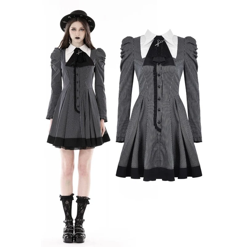 Gestreiftes Gothic-Kleid mit Puffärmeln für Damen