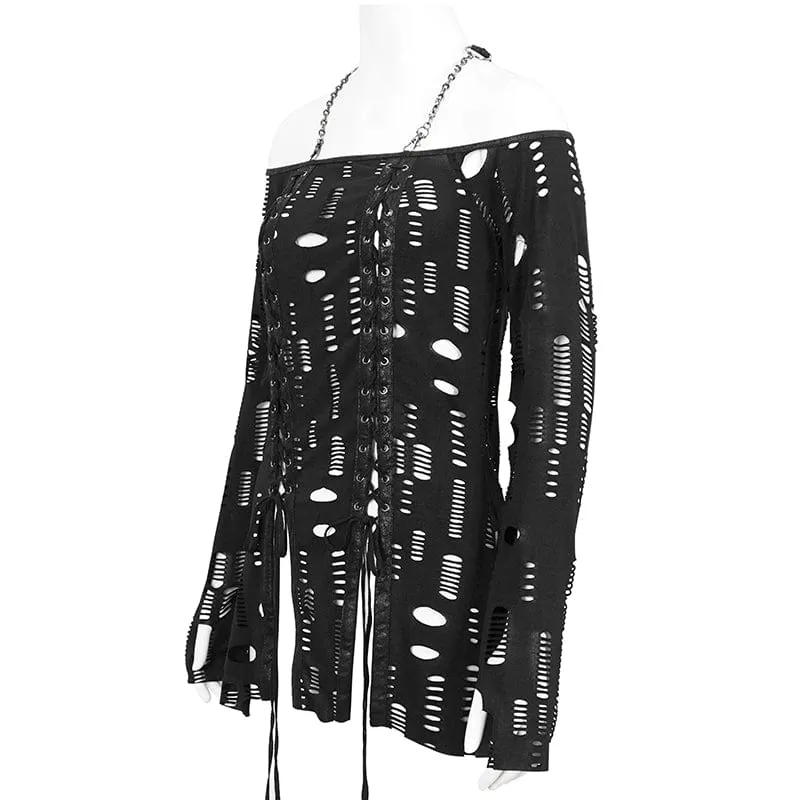 Gothic Ripped Split Neckholder-Hemd für Damen