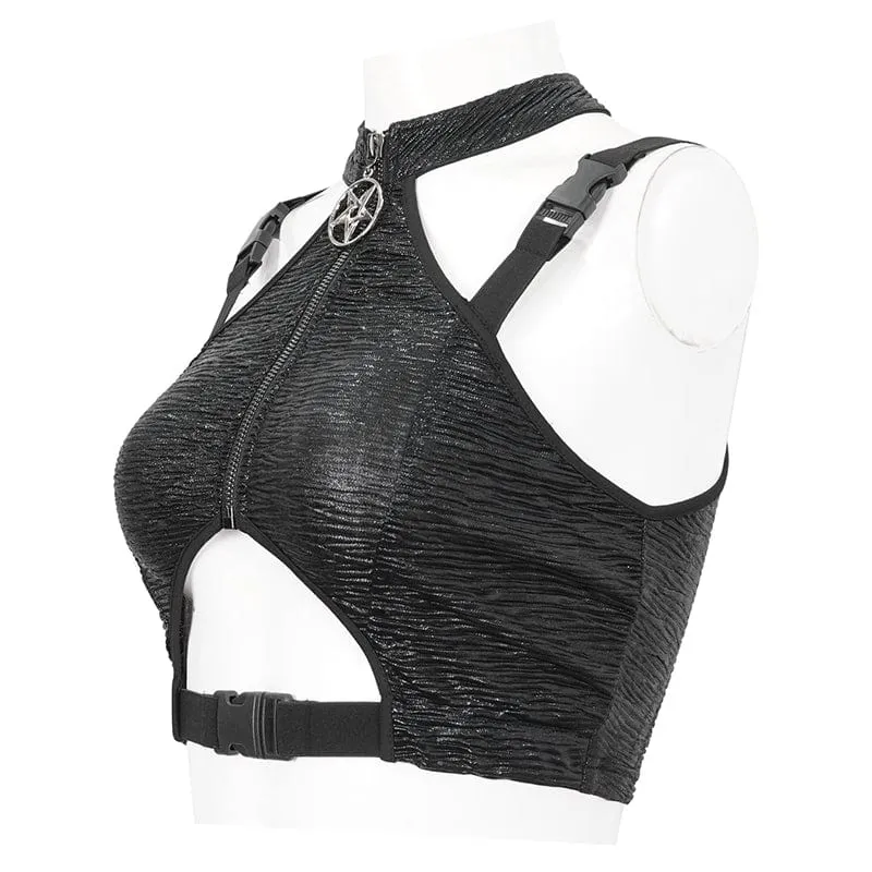 Damen Punk Cutout Star Buckle Weste