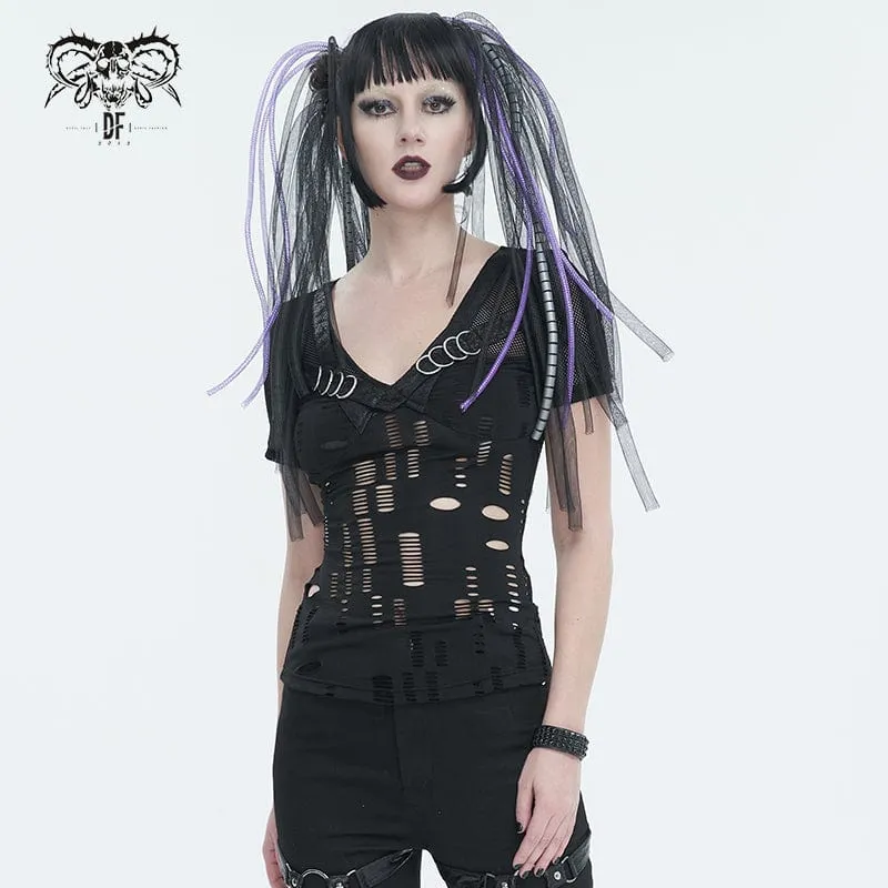 Gothic tiefes, zerrissenes Mesh-Shirt für Damen